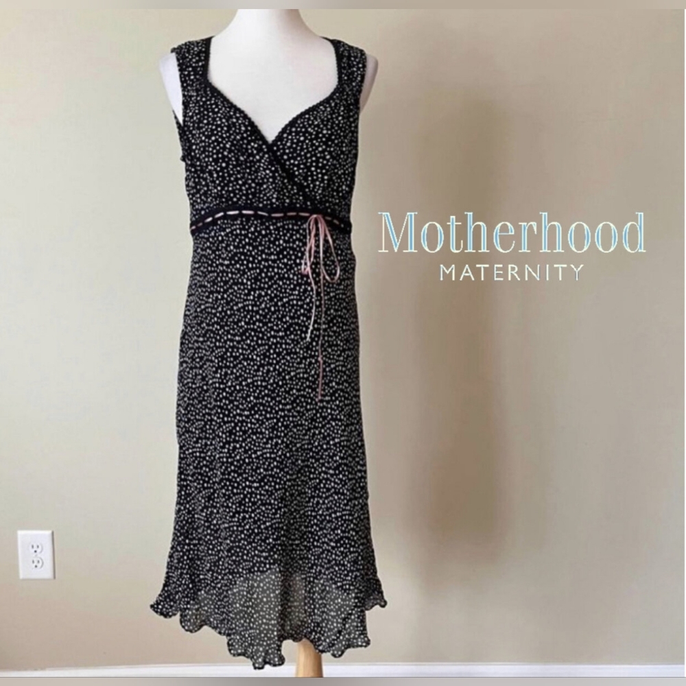 MOTHERHOOD MATERNITY | NWT Black & Silver Polka Dot Dress w/ Pink Ribbon. Small.
